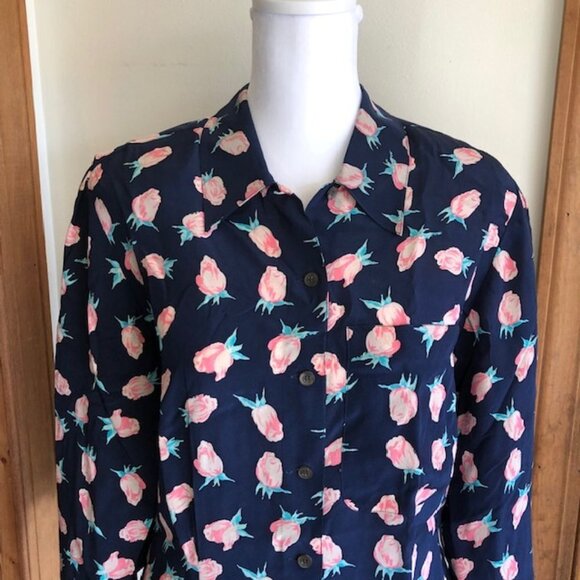DIOR Silk Navy Pink Rose Long Sleeve Blouse 6 Vintage - Picture 3 of 14